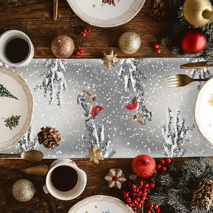 Christmas Snowman Cotton Linen Table Runner for Dining Kitchen, Snowflakes Xmas Pine Tree Wedding Outdoor Party Tablerunner Decoration Winter Bird Dresser Scarf Coffee Tablecloth Runners 13x72 Inches