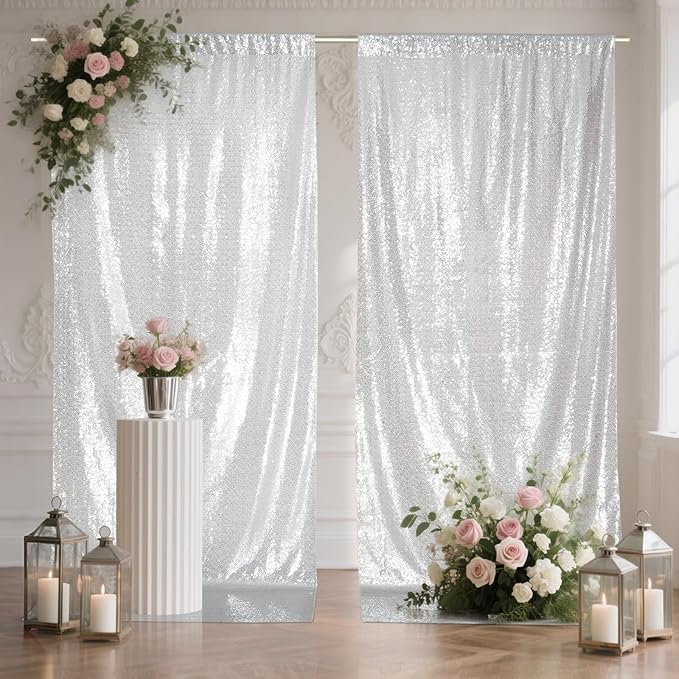 SquarePie Sequin Backdrop Curtain 8FT x 10FT Silver Satin Backing Fabric Photography Background for Wedding Patry 4FT x 10FT 2 Panels