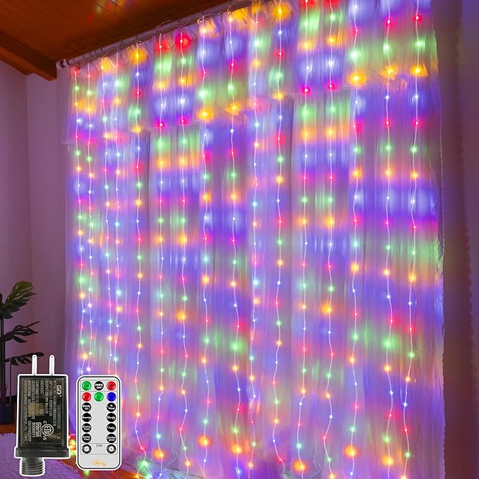 Ollny Curtain Lights 300 LED 9.8FT x 9.8FT, Connectable IP67 Waterproof Outdoor Christmas Curtain Lights with Remote, Plug-in Untangle Fairy Lights with 8 Modes&Timers for House Decor(Multicolored)