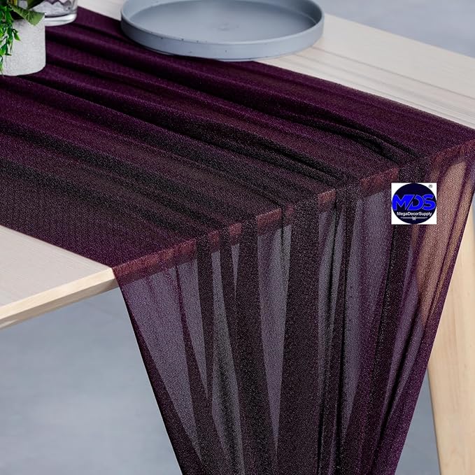 MDS Halloween Chiffon Table Runner - 25 Pack, 29 x 170 Inches, 14ft Each - Sheer Spooky Table Runners for Haunted House Parties, Trick-or-Treat Tables, Witchy Décor, Wedding & Events - Eggplant