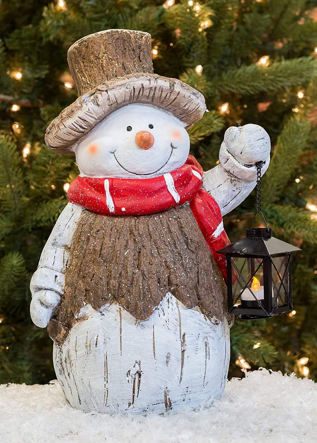 Mark Feldstein & Associates Woodsy Snowman with Lantern LED Light Up 17 Inch Resin Stone Christmas Door Greeter Figurine