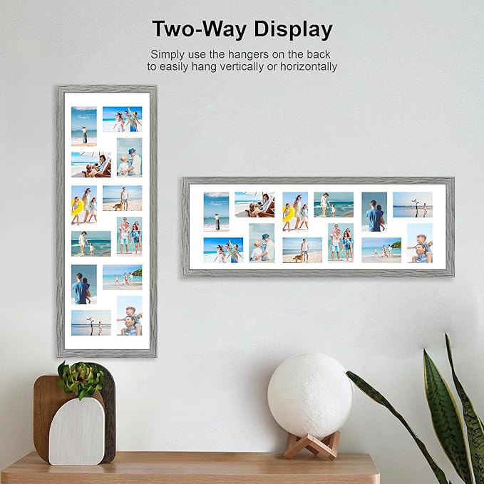 12x36 Picture Frame 2 Packs, Real Glass and Grey Wood Frame, Display Collage Pictures Twelve 4x6 With Mat or Pennant 12 x 36 Without Mat - Horizontal or Vertical Wall Mounting