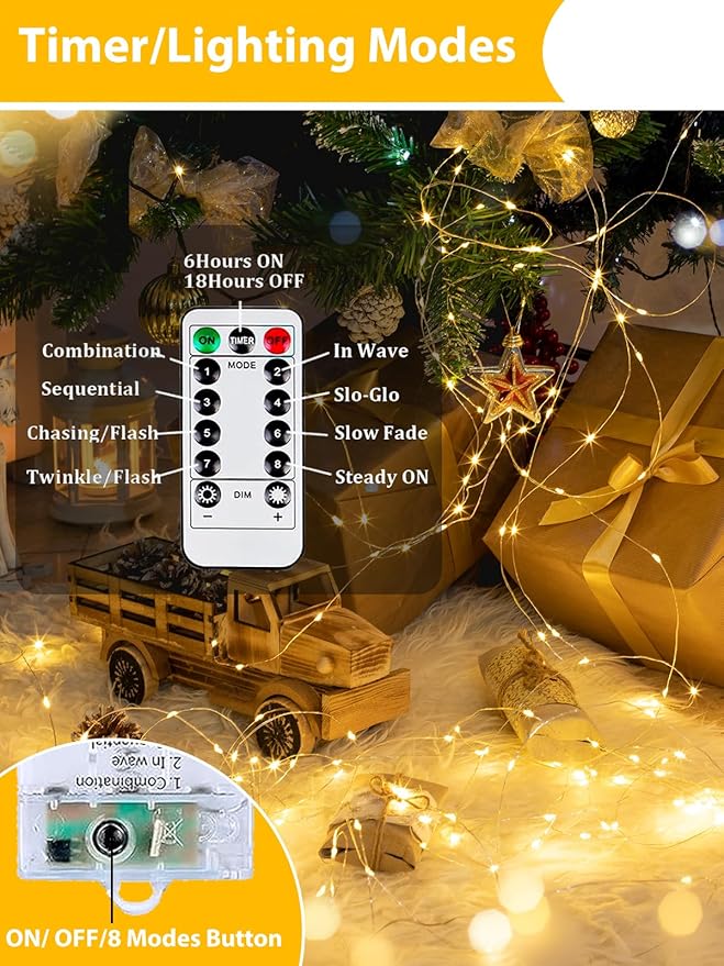 6 Pack 60LED Battery Operated Fairy Lights with Remote, 8 Modes LED String Lights with Timer, Dimmable, Memory Function, Waterproof Twinkle Fairy Lights for Outdoor Indoor Christmas Decor(Warm White)