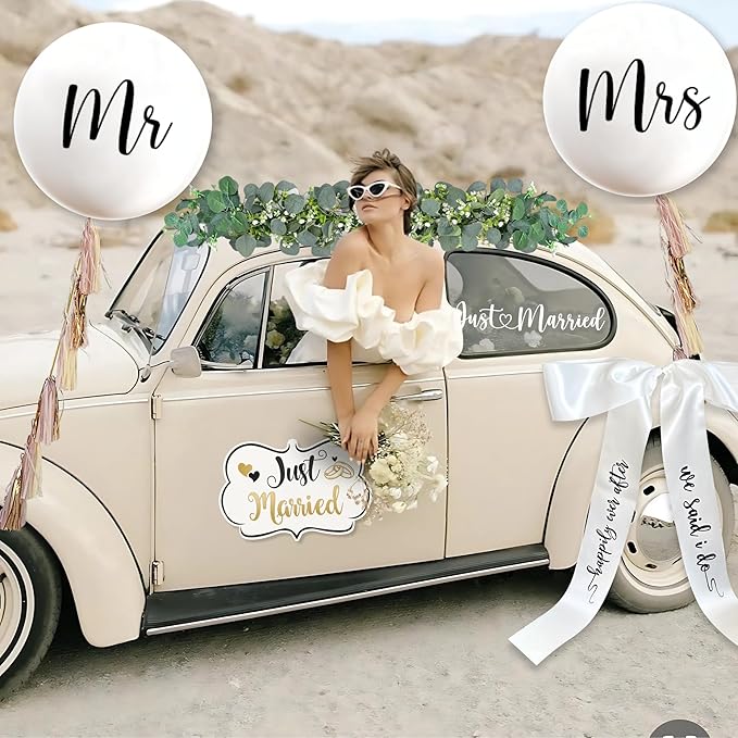 33 Pc Just Married Car Decorations – Wedding Reception & Ceremony Decor – Banners, Stickers & Balloons – Elegant Reusable Wedding Car Kit – Weather-Resistant & Easy to Apply – No Residue