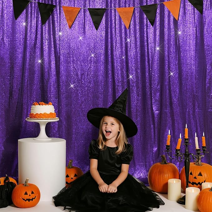 SquarePie Sequin Backdrop Less Transparent Background Sparkly Curtain for Wedding Halloween Party 8FT x 8FT Purple