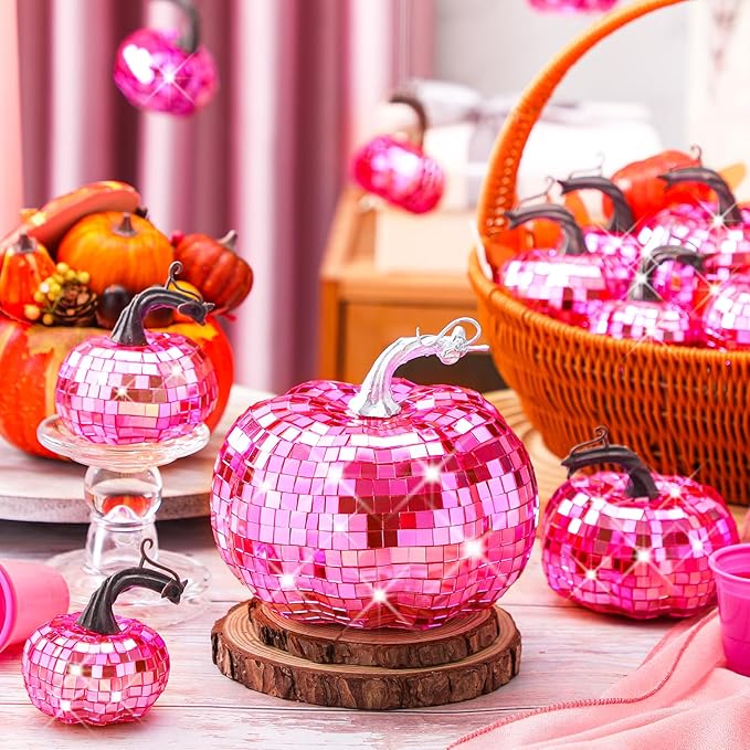 Lenwen 12 Pcs Artificial Disco Pumpkin Glitter Mirror Pumpkin for Decorating Fall Farmhouse Hanging Ornament Harvest Decor for Halloween Thanksgiving Table Centerpiece(Bright Pink)