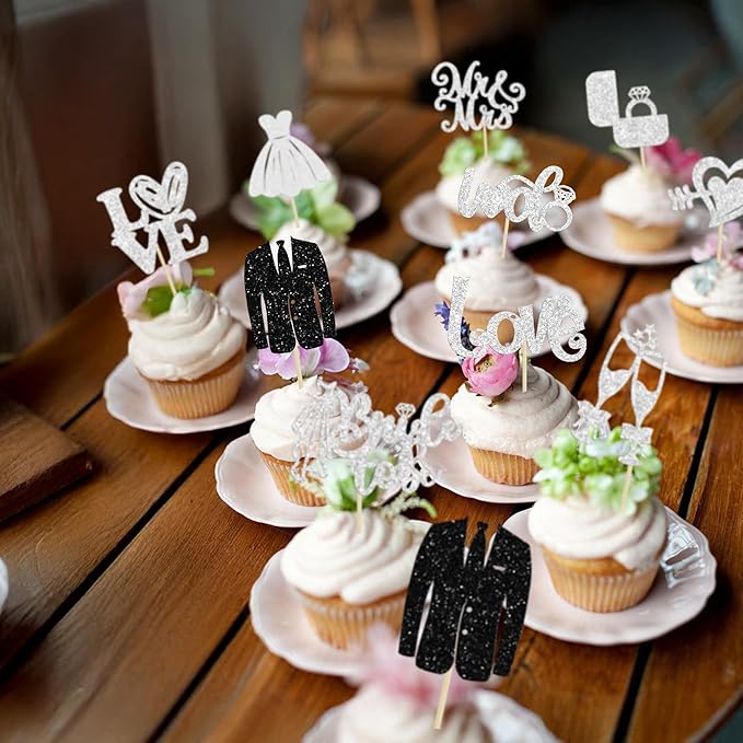 Ephlyn 30Pcs Bride to be Cupcake Toppers Glitter Diamond Ring Love I Do Cupcake Picks for Miss to Mrs Bridal Shower Wedding Engagement Bachelorette Cupcake Decorations Party Supplies Silver