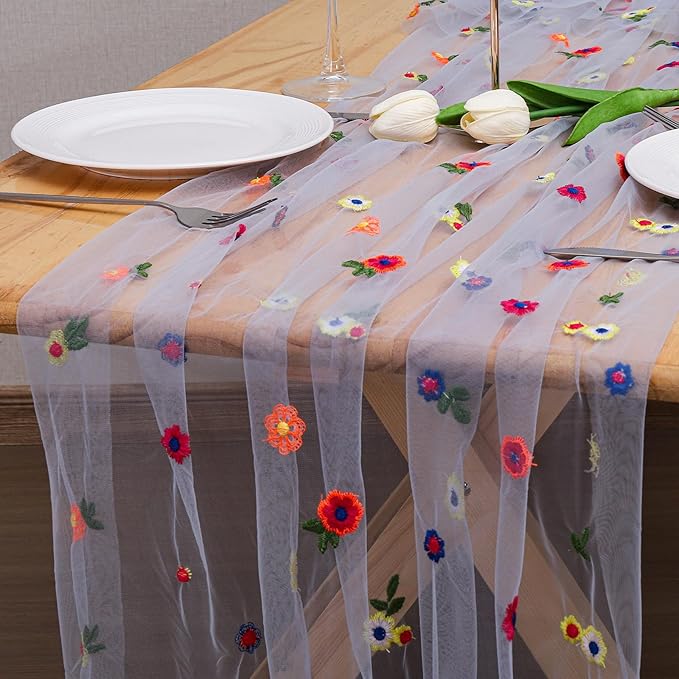 BINBE 3pcs Daisy Fall Table Runner Embroidery Gauze 10FT Florals Seasonal Tulle Holiday Birthday Kitchen Dining Table Decor for Home Party Blue