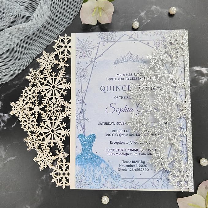 20 sets glitter snowflake invitations,laser cut wedding invitations,DIY wedding invitations,invitation card pocket envelop for all occation