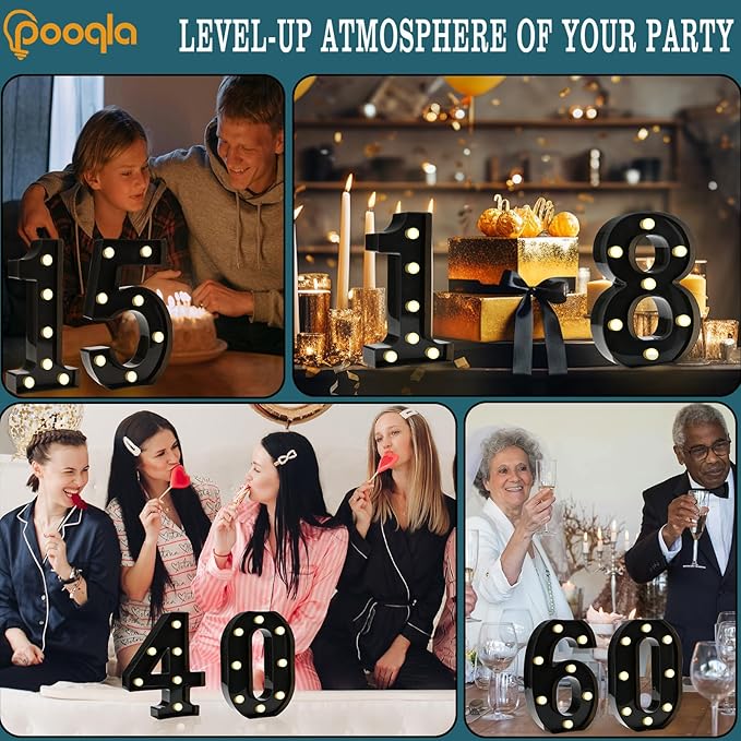 Pooqla Decorative Led Light Up Number Letters, Black Plastic Marquee Number Lights Sign for 13th Birthday Party Wedding Decor Battery Operated Black Number 13