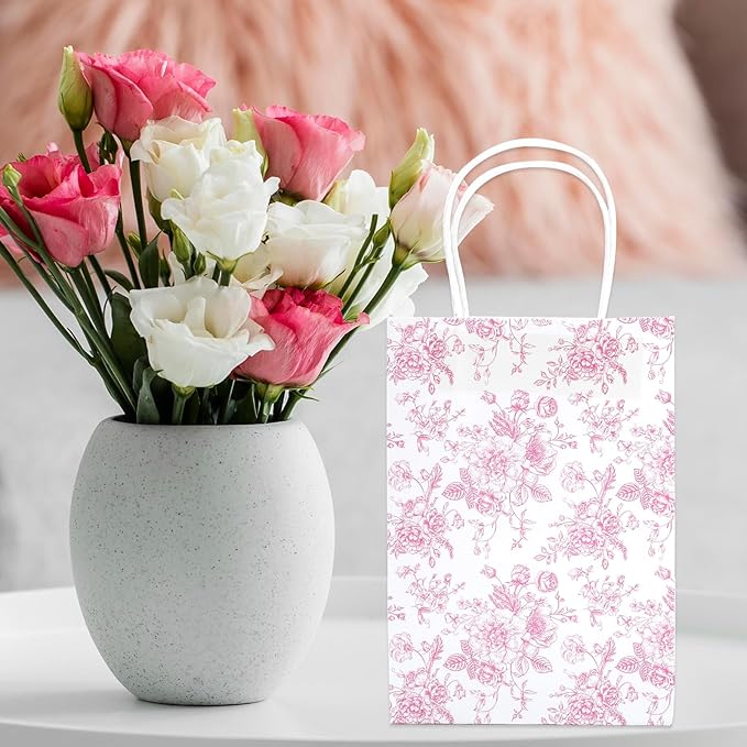 JarThenaAMCS 52Pcs Pink Floral Paper Gift Bag Vintage Wildflower Treat Bags with Handles Chinoiserie Candy Goodie Bags for Spring Summer Birthday Wedding Bridal Shower Party Favors Supplies