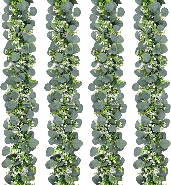 N&T NIETING 4 Pack Artificial Eucalyptus Leaf Garland, Faux Greenery Garland Decor 6 FT Summer Garlands, Fake Hanging Vines Garlands for Decoration Table Mantle