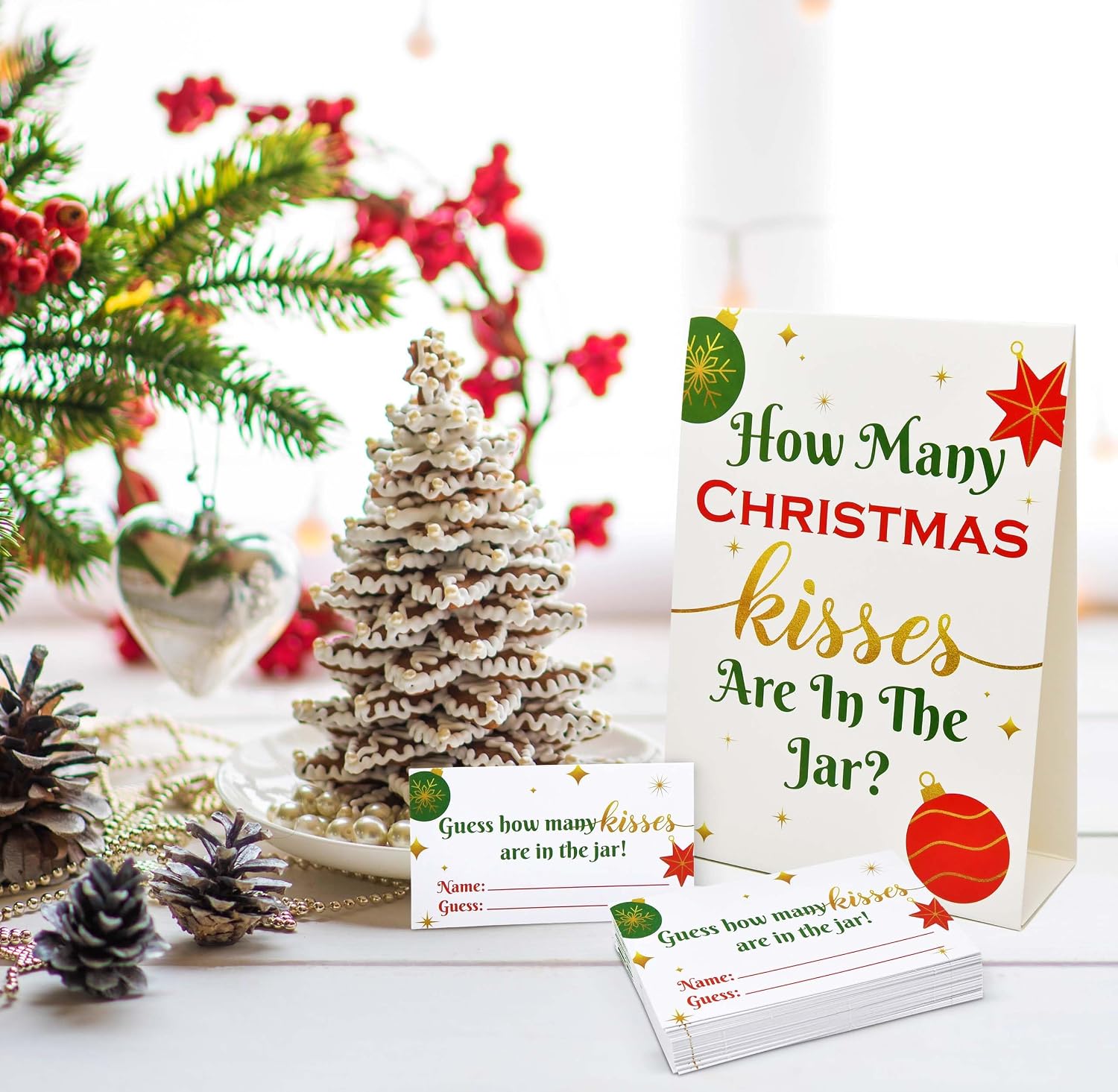 Christmas Party How Many Kisses Standing Sign 40 Guessing Cards Set | Holiday Wedding Bridal Baby Shower Raffle Party Activity Decor by Gift Boutique