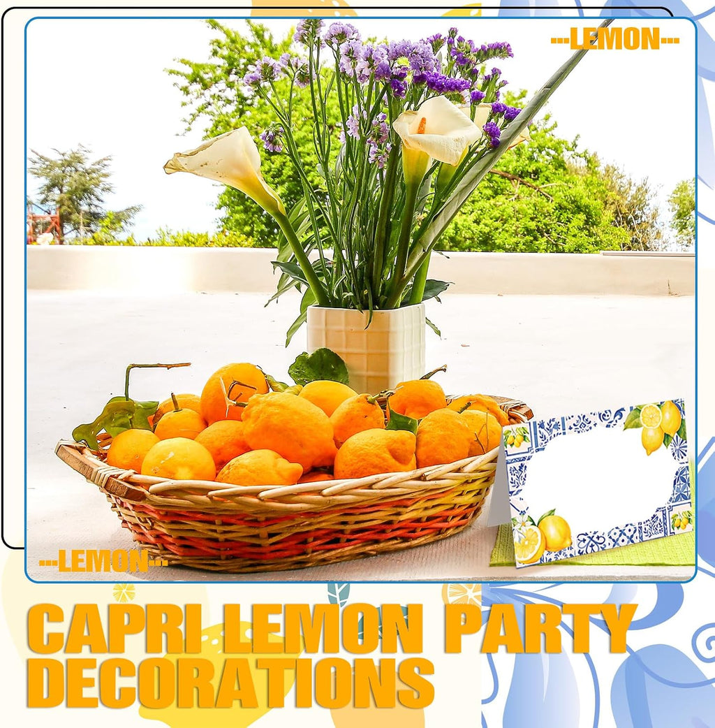 Jetec 48 Pcs Capri Lemon Place Cards Yellow and Blue Tile Table Name Cards Tent Placard Buffet Food Label for Table Setting Birthday Bridal Shower Italy Yellow Lemon and Amalfi Coast Party Decoration