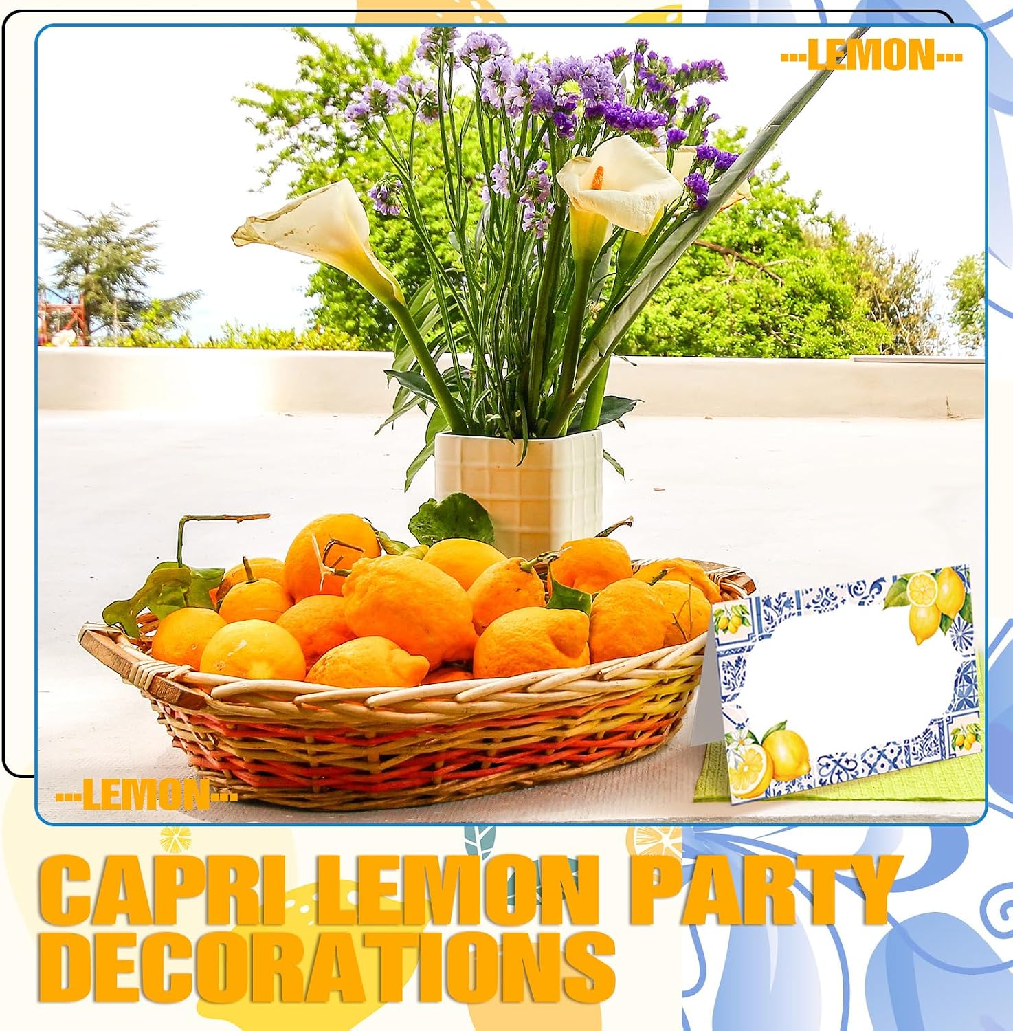 Jetec 48 Pcs Capri Lemon Place Cards Yellow and Blue Tile Table Name Cards Tent Placard Buffet Food Label for Table Setting Birthday Bridal Shower Italy Yellow Lemon and Amalfi Coast Party Decoration