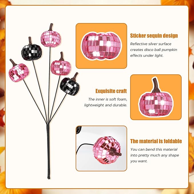 20Pcs Disco Halloween Decor, Disco Pumpkin Table Decoration, 14 Inch Artificial Glitter Mirror Pumpkin Sticks Ornament Halloween Branches for Table Centerpiece Party Decor