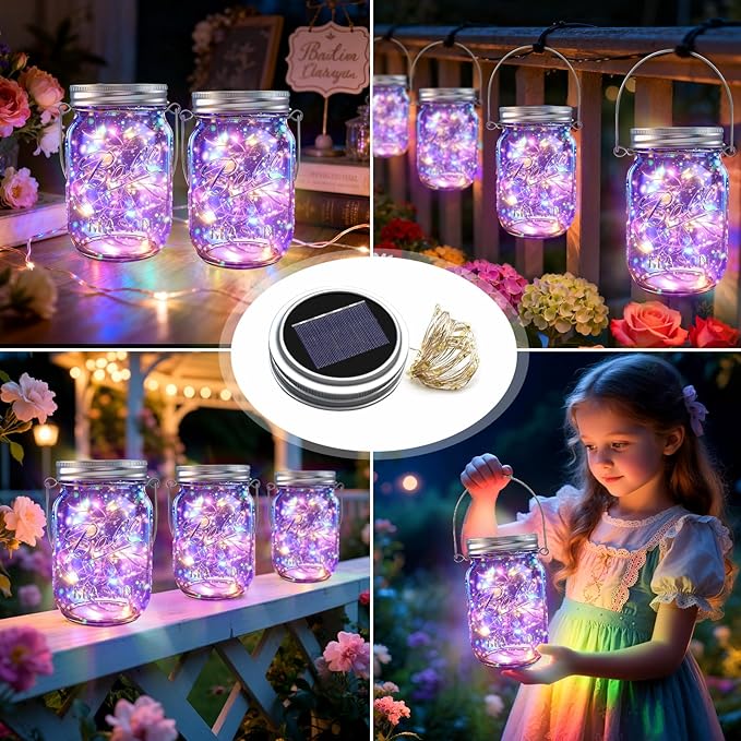 Solar Mason Jar Lights [Upgraded], 12 Pack 30 LED Firefly Fairy String Lights, Waterproof Outdoor Solar Mason Jar Lid Lights with Hangers(NO JARS) for Patio Garden Yard Wedding Decoration - Multicolor
