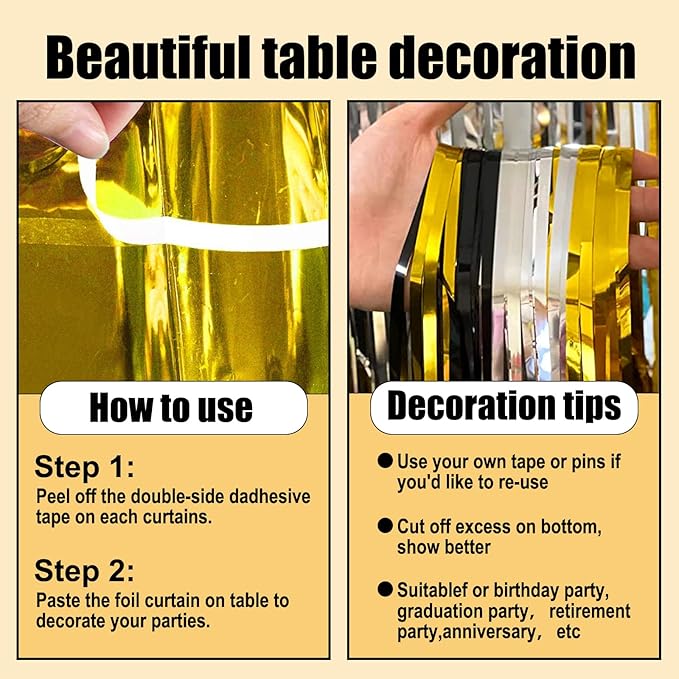 3 Pack 29 x108 Inch Black Gold Silver Foil Fringe Table Skirts Metallic Banner for Tinsel Streamer Garland Backdrop for Parade Floats Wedding Thanksgiving Birthday Christmas New Year Party Decoration