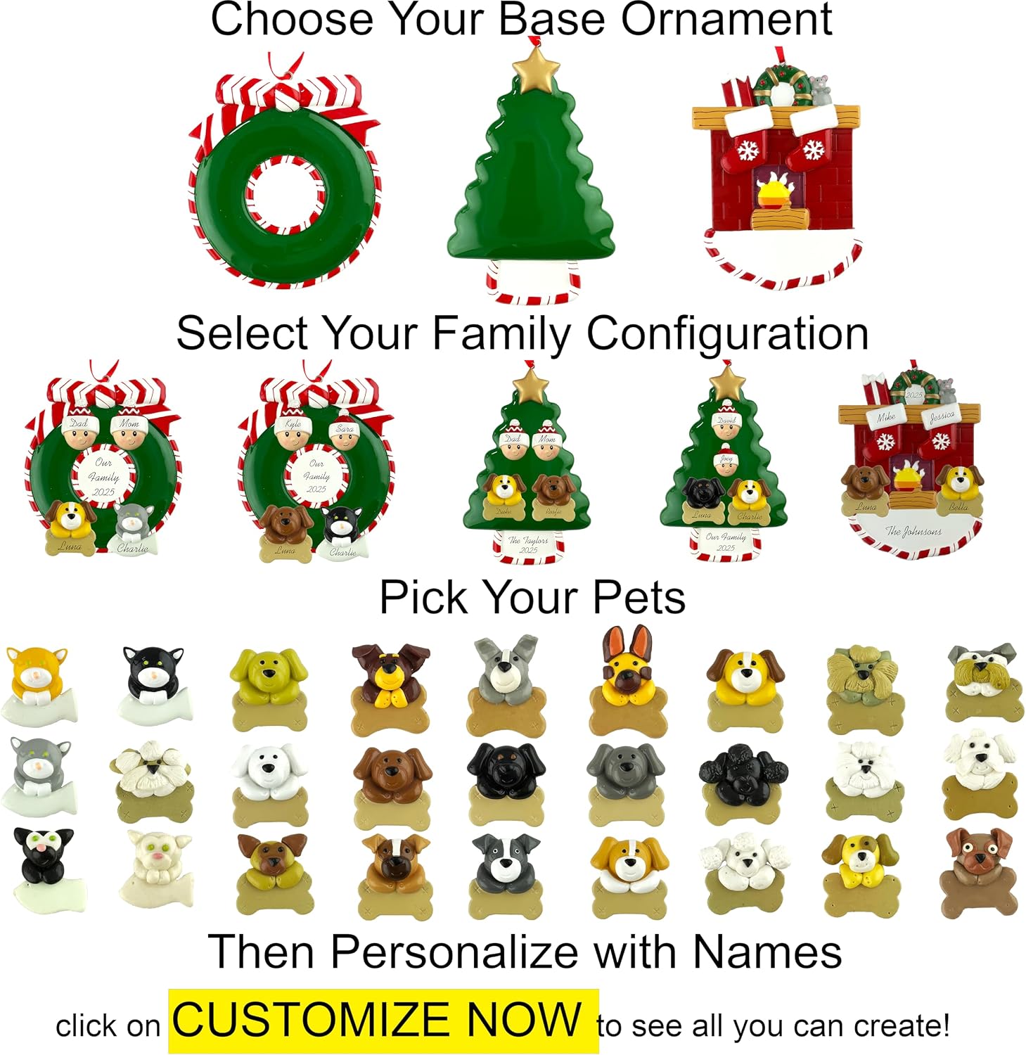 Customized and Personalized Christmas Ornament - Family of 2-6 with Two Pets - Select 2 of The 25 Different Dogs and Cats to Design Your Own Made to Order Gift (Family of 2)