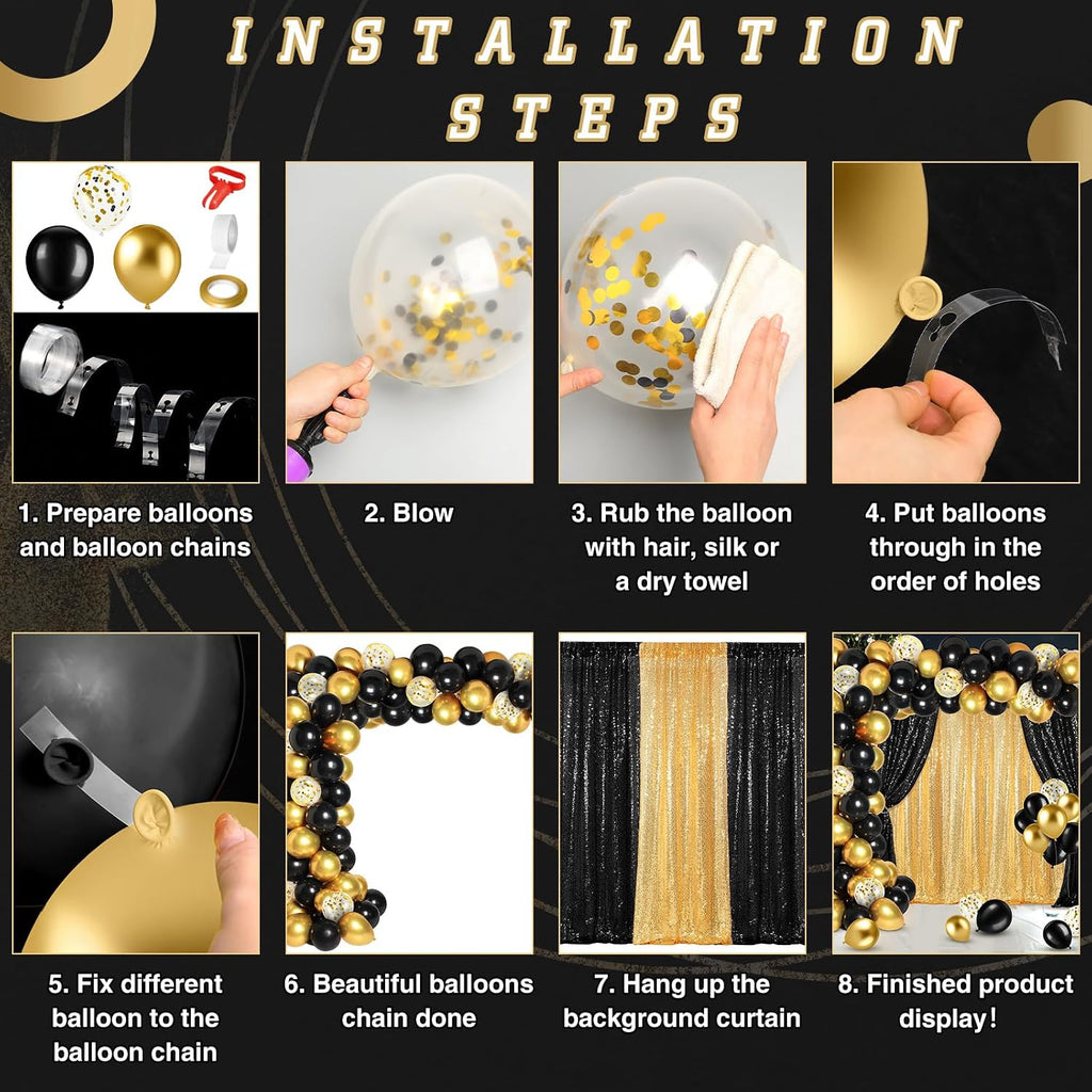 smoothnovelty 137pcs black gold sequin backdrop curtain balloon showing dimensions