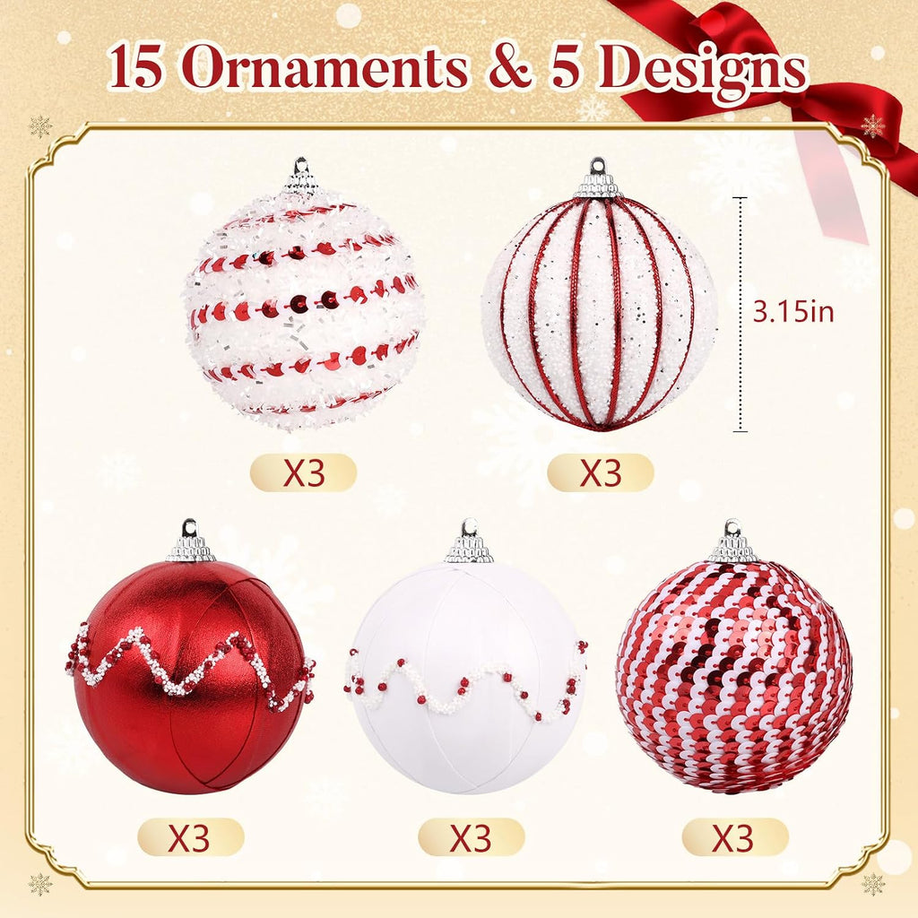 TranquilBliss Christmas Ball Ornaments, 3.14’’ 15 PCS Christmas Tree Decorations, Pre-Strung Hanging Balls Decorations for Xmas Tree, Wreath, Garlands, Holiday Party Home Decor (Red and White)