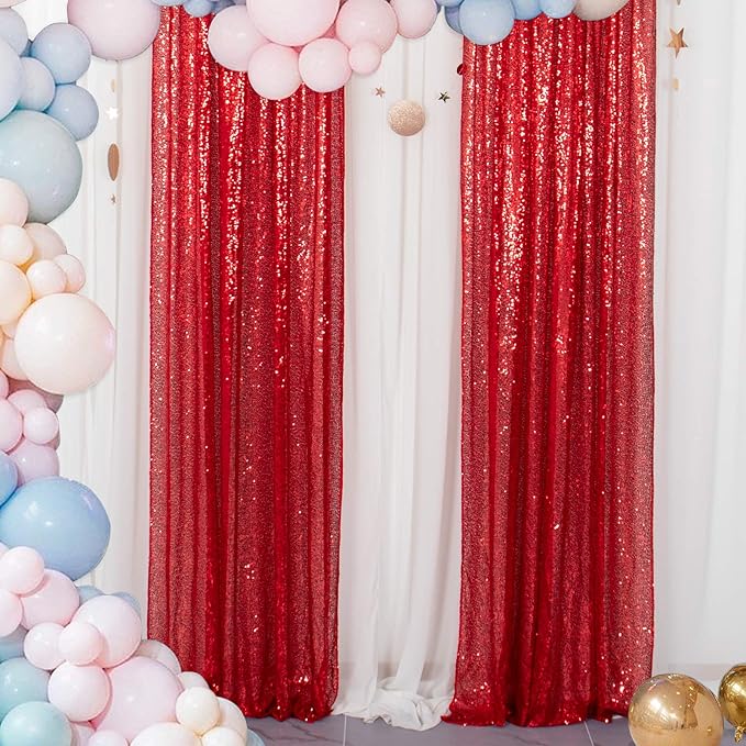 ShinyBeauty Sequin Curtains 2 Panels Red 2FTx8FT Sequin Photo Backdrop Red Sequin Backdrop Curtain Pack of 2-1011E