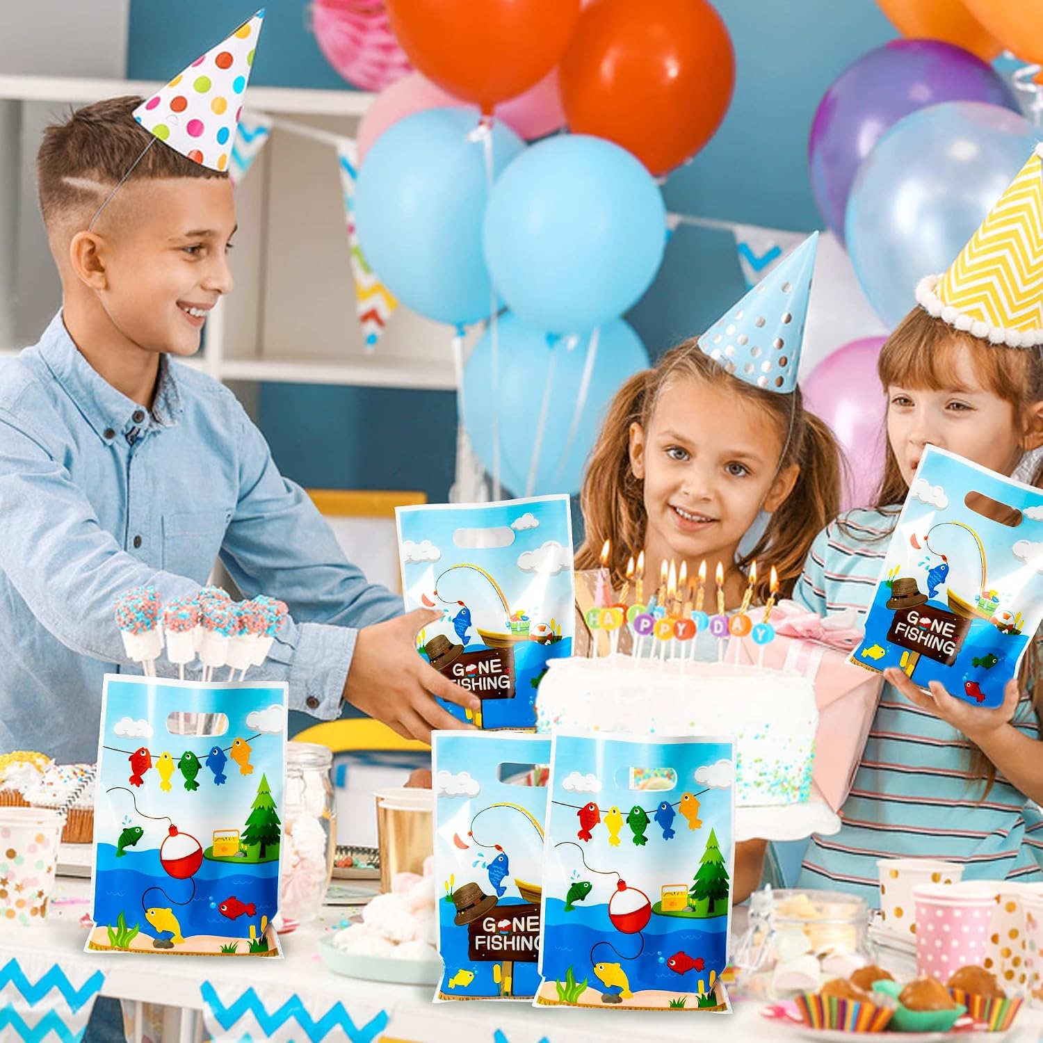 50Pcs Little Fisherman 1st Birthday Party Bags Gone Fishing Goody Candy Treat Plastic Gifts Bags Gone Fishing The Big One Birthday Party Decorations Supplies Decor for Kids