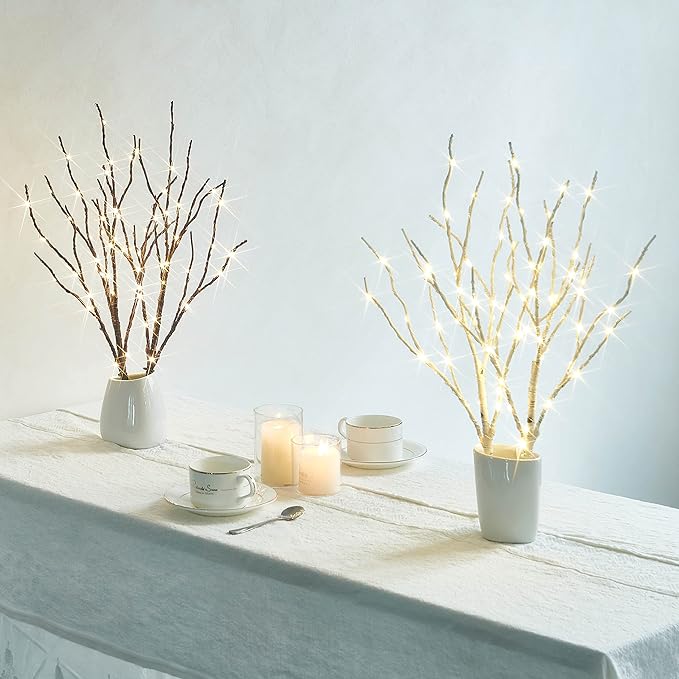 Hairui Twig Branches with Fairy LED Lights 18IN 70LED Battery Operated Lighted Brown Willow Branches for Home Witner Christmas Decoration Indoor Outdoor Use (Vase Excluded)