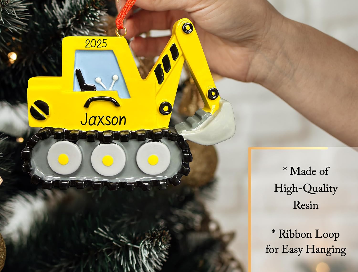 Personalized Excavator Christmas Ornament 2026 | Yellow Digging Machine, Construction Digger Vehicle, Bulldozer Decoration for Xmas Tree | Unique Keepsake for Kids Boys - Custom Name & Year