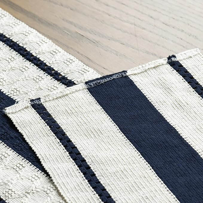 Artoid Mode Dark Blue Farmhouse Woven Rustic Table Runner, Seasonal Holiday Hollow Kitchen Dining Table Decoration for Home Party Decor 12x48 Inch