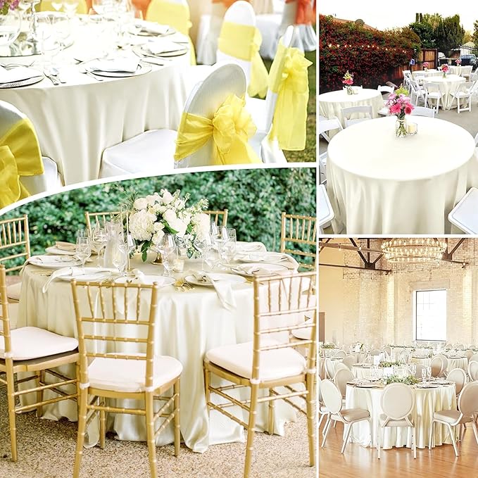 fani 12 Pack 108 Inch Ivory Satin Tablecloth - Premium Bright Silky Round Tablecloth Overlay Smooth Fabric Table Cover, Table Decoration for Wedding Party Banquet Events Restaurant Kitchen Dining