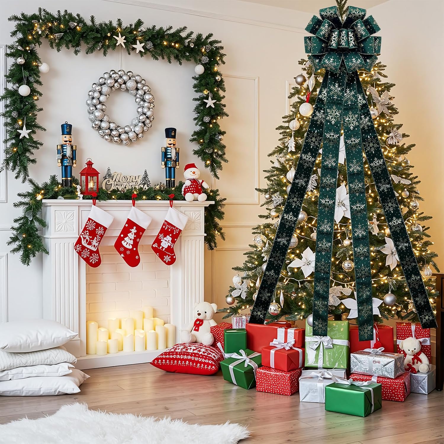 Christmas Tree Topper Bow,48''x 13'' Large Velvet Christmas Wreath Bows Xmas Ornaments with Long Streamer Wired Edge Ribbon for Christmas Decoration (Green)