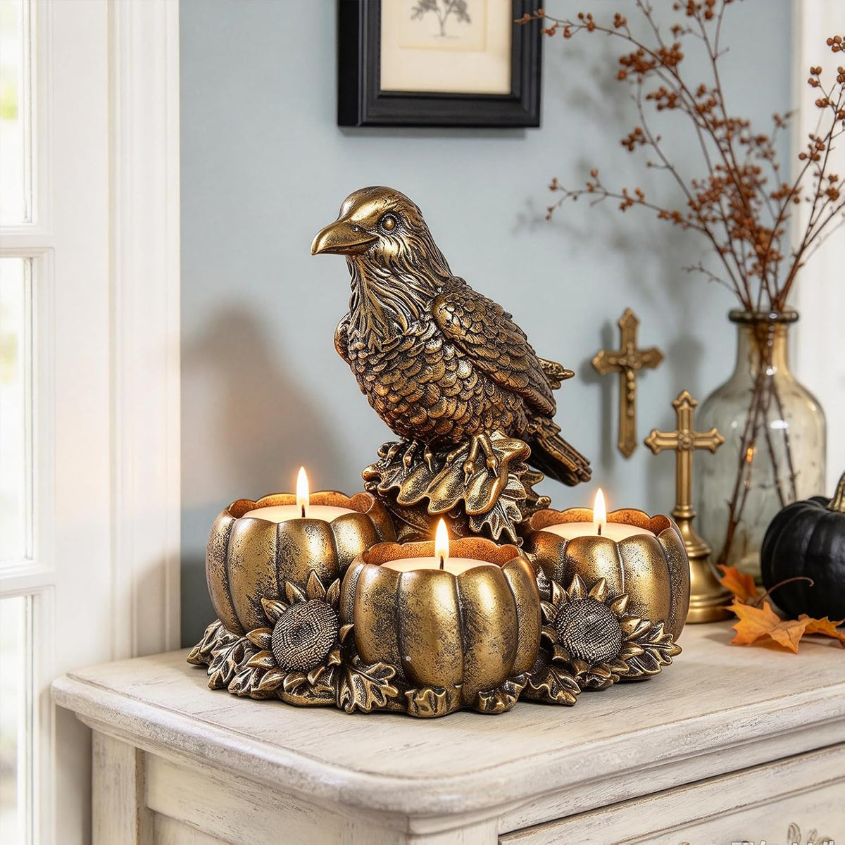 Gold Raven Candle Holders - Crow Vintage Rustic Pedestal Candlesticks, Harves...