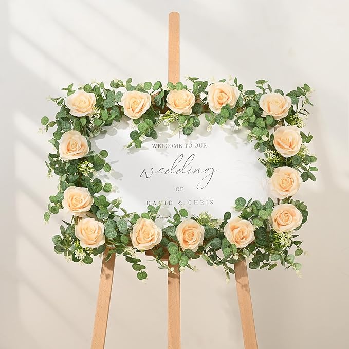 Dolicer 4Pcs 26Ft Artificial Eucalyptus Garlands with Flowers - 8 Roses, Faux Floral Greenery Garlands Fake Flowers Vines for Wedding Table Centerpieces Arch Party Ceremony Backdrop Decor (Champagne)