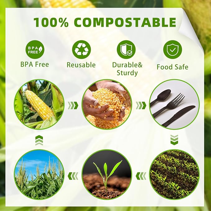 Black Compostable Silverware, 300 Count Compostable Utensils, Plastic 120 Forks 120 Spoons 60 Knives,Non Plastic Utensil, Eco Friendly Disposable Silverware for Party Office Wedding