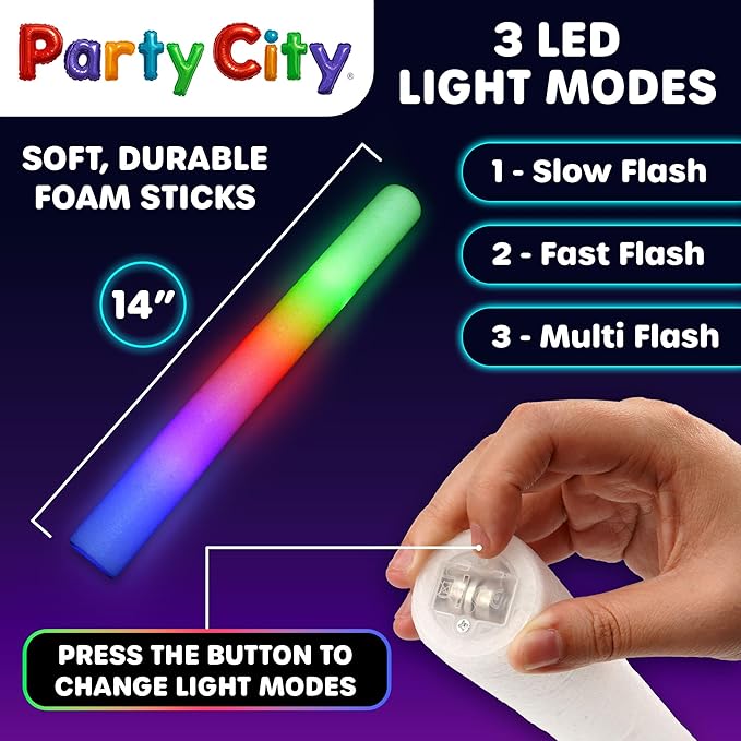 Party City 24pk LED Foam Glow Sticks 14”- Glow in the Dark Party Supplies Favors, Colorful Flashing Wand with 3 Modes, Light Up Foam Sticks Bulk Party Pack for Wedding, Birthday, Concert, Halloween