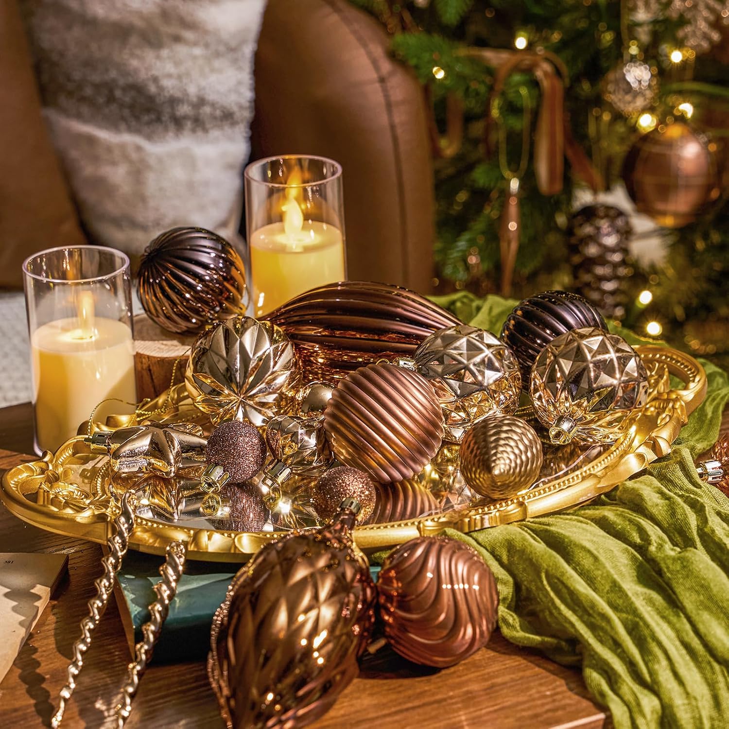 JORNOY 128-Pack Christmas Tree Ornaments Set, Classic Shatterproof Christmas Ball Ornaments Decorations - Plastic Hanging Baubles Bulk Decorative for Xmas Tree Decor Holiday Party, Brown