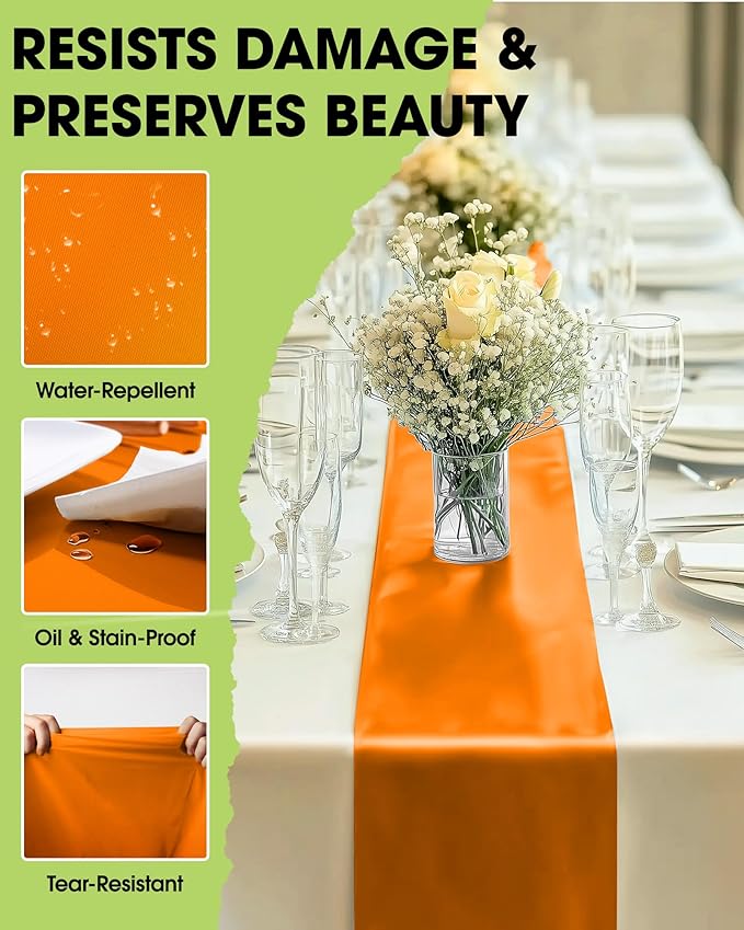 Pureegg Orange Plastic Table Runners - 10 Pack, 14'' x 108'', Water Resistant & Disposable Centerpiece Decorations for Table Cloth, Wedding, Birthday, Thanksgiving, Harvest, Party, Home Decor