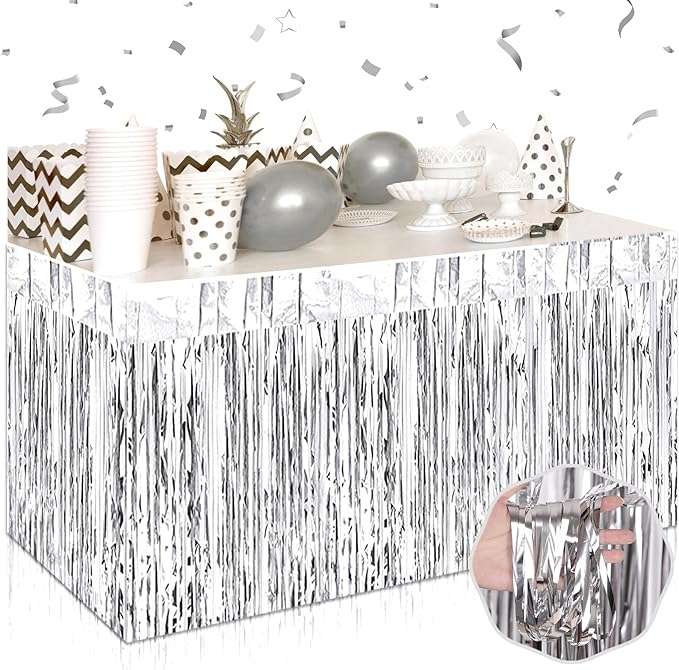 3 Pack 29 x108 Inch Silver Foil Fringe Table Skirts Metallic Banner for Tinsel Streamer Garland Backdrop for Parade Floats Wedding Thanksgiving Birthday Christmas Halloween New Year Party Decoration