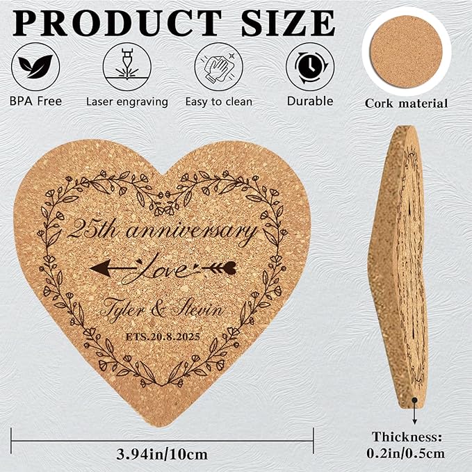 Custom Coasters Personalized Cork Coasters Bulk with Logo Wedding Personalized Cork Natural Wood Engraved Drink for Wedding Favors (Cork Coasters - Heart)