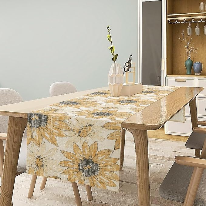 Chrysanthemum Vintage Floral Table Runner, Elegant Grunge Orange Sunflower Spring Summer Elegant Pattern Artichokes Flower Table Runner for Party Kitchen Dining Living Room Decor, 13x90 Inch