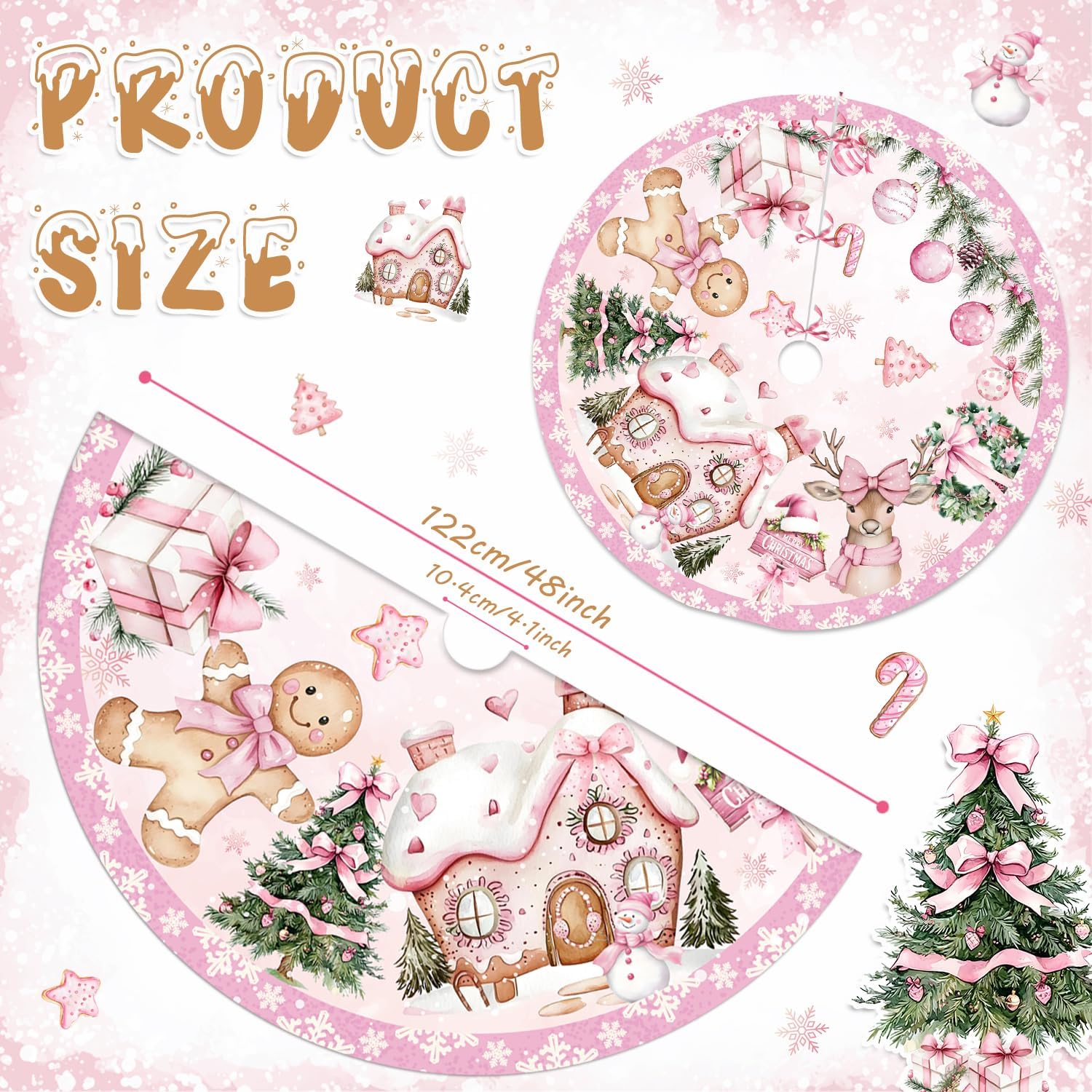 Pink Christmas Tree Skirt Christmas Decorations,48 Inches Pink Gingerbread Man Tree Skirt for Xmas Party Decorations,Vintage Xmas Party Decor for Home Indoor Outdoor