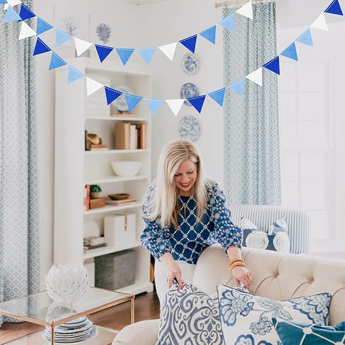 Blue Party Decorations Felt Hanging Triangle Mini Bunting Pennant Banner Flag for Birthday Wedding Baby Shower Bridal Shower Engagement Under The Sea Nautical Ahoy Achor Party Classroom Nursery Decor