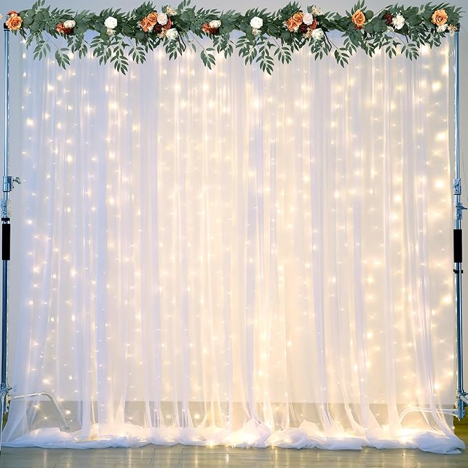 White Tulle Backdrop Curtain with Lights String for Parties Wedding Bridal Shower Sheer White Curtain Backdrop for Birthday Baby Shower Photo Booth Photography Background Decorations 20ft x 10ft