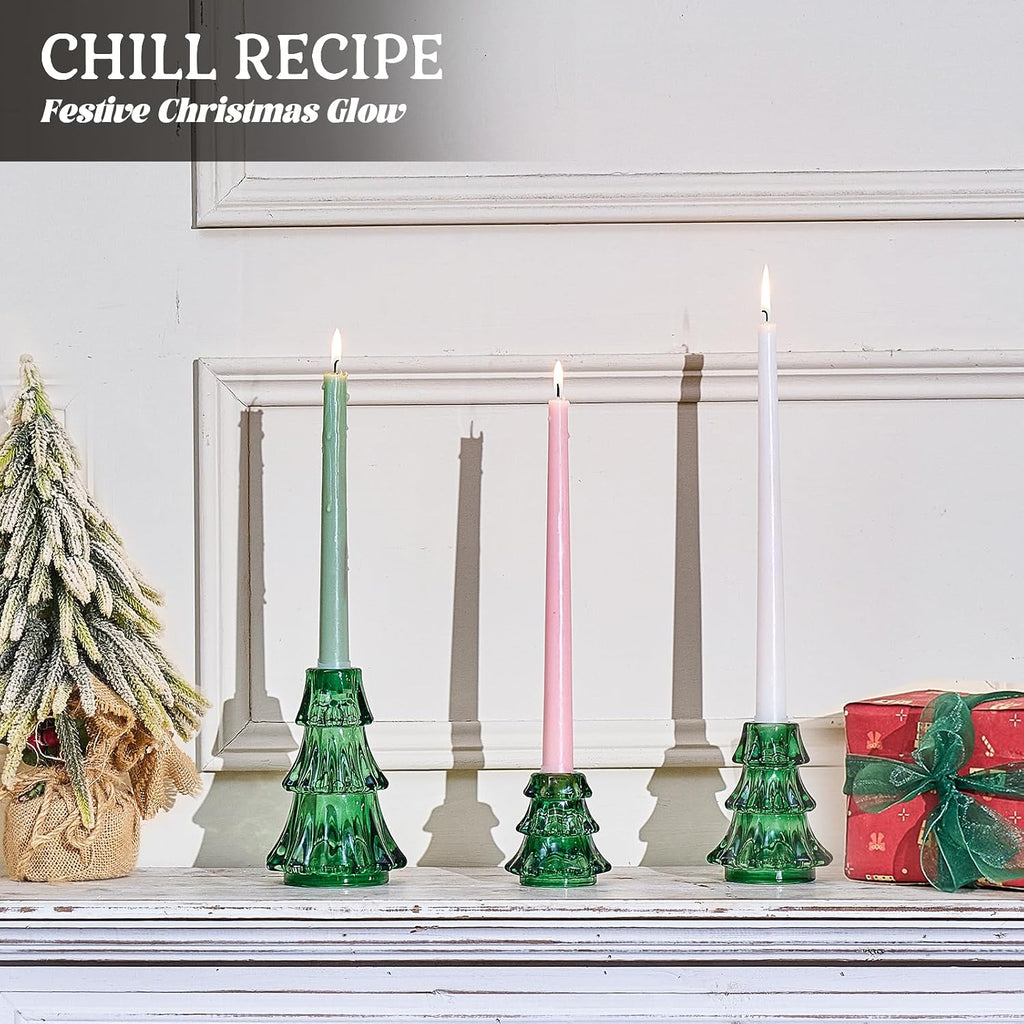 CHILL RECIPE Christmas Tree Candle Holders Xmas Glass Taper Candlestick Holders Thickened with Rubber Candle Grippers for Decoration Table Centerpiece Dinner Party Home Decor(Green 3Pcs &Box)