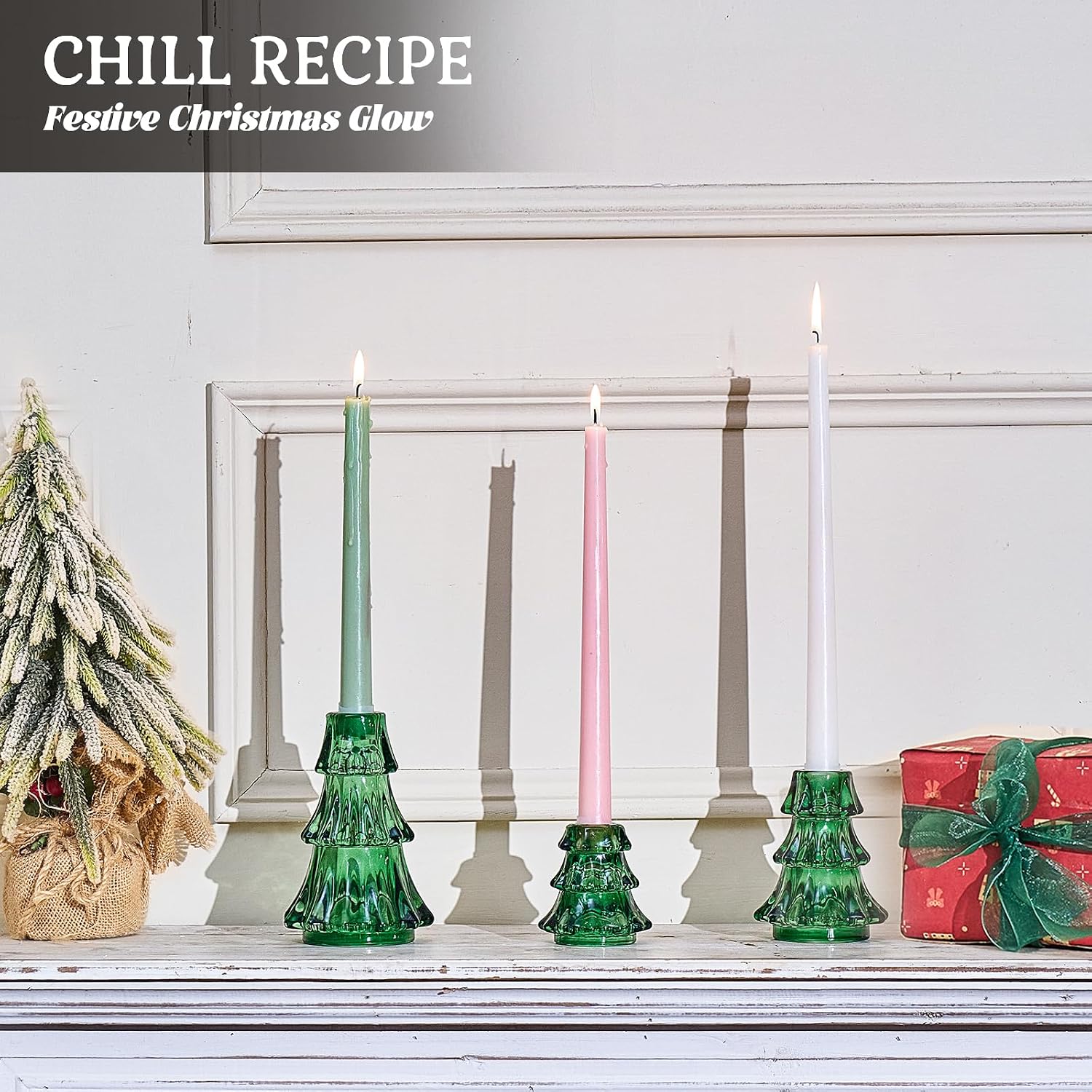 CHILL RECIPE Christmas Tree Candle Holders Xmas Glass Taper Candlestick Holders Thickened with Rubber Candle Grippers for Decoration Table Centerpiece Dinner Party Home Decor(Green 3Pcs &Box)