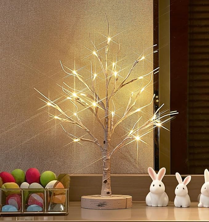 LITBLOOM Lighted Birch Tree with Timer Battery Operated or USB Plug-in 18IN 24 LED, Easter Trees with Lights for Wedding Party Home Fireplace Table Decoration
