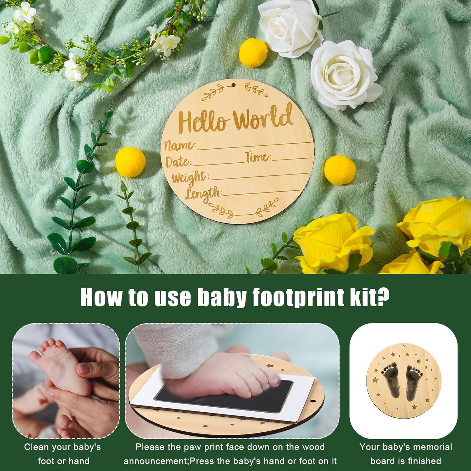 Baby Announcement Sign, 5.9 Inch Round Birth Nursery Name Signs with Ink Pad for Baby Hand and Footprints Wooden Hello World Newborn Sign for Photo Prop