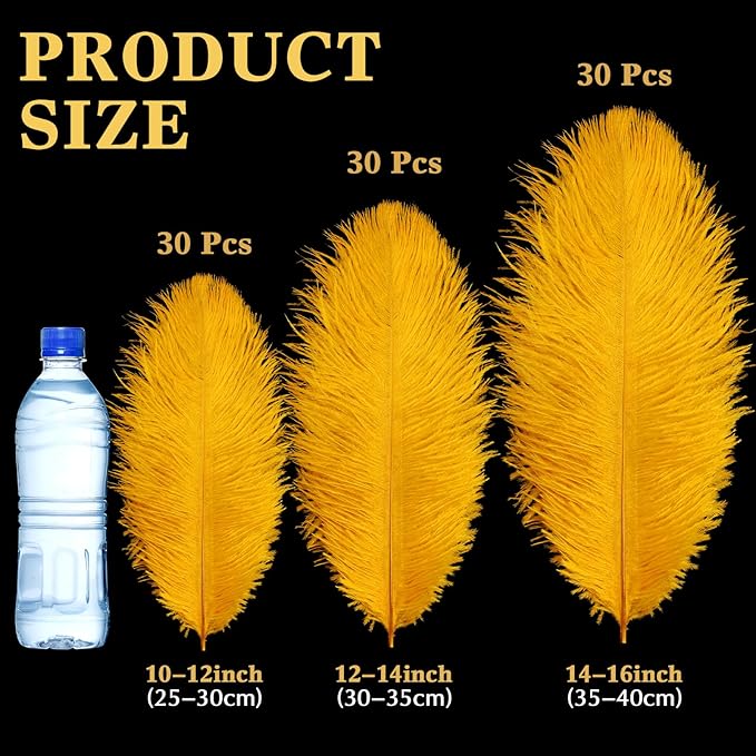 Maitys 90 Pcs Large Natural Ostrich Feathers Bulk 14-16 Inch (35-40cm) 12-14 Inch (30-35cm) 10-12 Inch (25-30cm) Ostrich Feathers Plumes for Centerpieces Wedding(Gold)