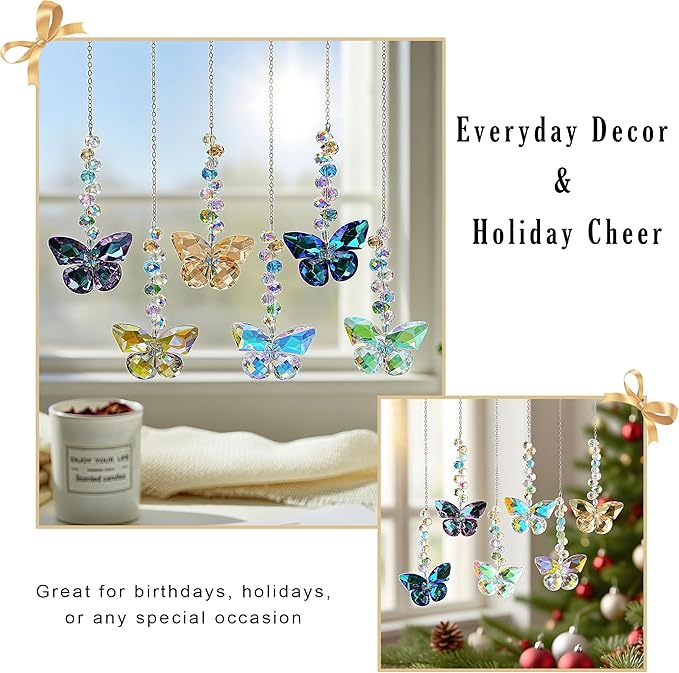 HDCRYSTALGIFTS 6PCS Crystal Butterfly Suncatchers for Window Hanging Ornaments, Rainbow Maker Sun Catchers Indoor Window Wedding Garden Home Decor Gifts